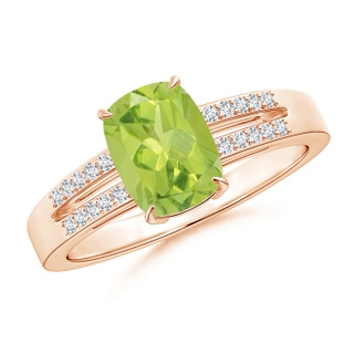 8x6mm AA Cushion Peridot Split Shank Ring with Diamond Accents in Rose Gold