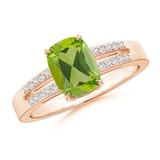 8x6mm AAA Cushion Peridot Split Shank Ring with Diamond Accents in 10K Rose Gold