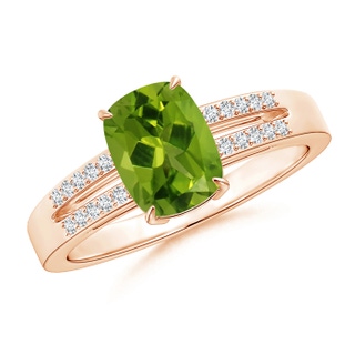 8x6mm AAAA Cushion Peridot Split Shank Ring with Diamond Accents in 10K Rose Gold