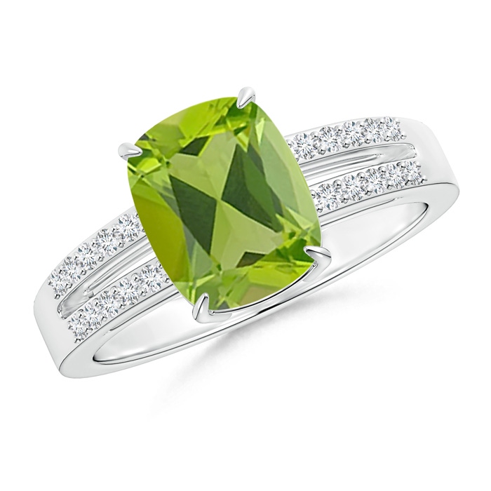 9x7mm AAA Cushion Peridot Split Shank Ring with Diamond Accents in White Gold 