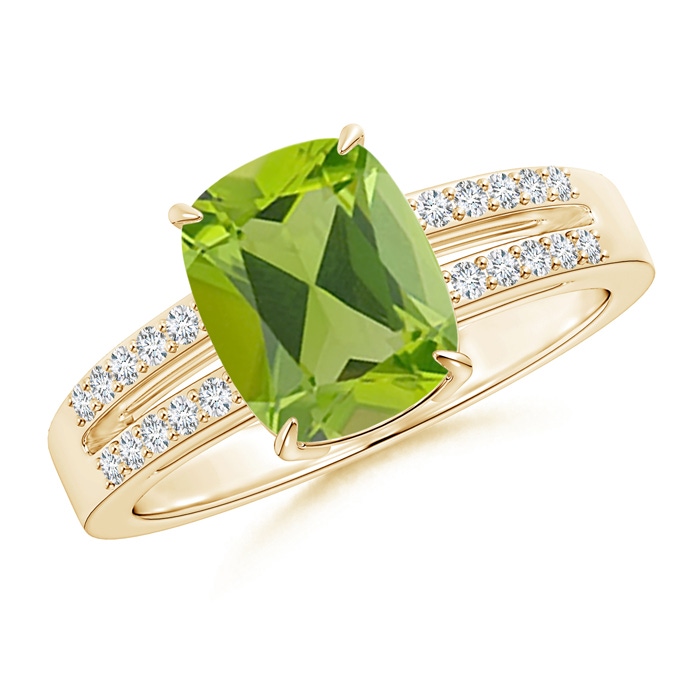9x7mm AAA Cushion Peridot Split Shank Ring with Diamond Accents in Yellow Gold