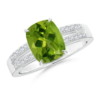 9x7mm AAAA Cushion Peridot Split Shank Ring with Diamond Accents in P950 Platinum