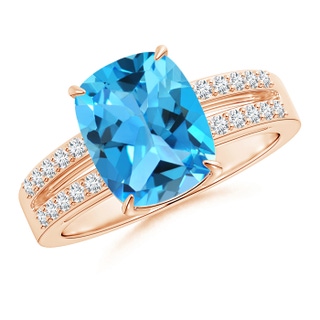 10x8mm AAA Cushion Swiss Blue Topaz Split Shank Ring with Diamonds in Rose Gold