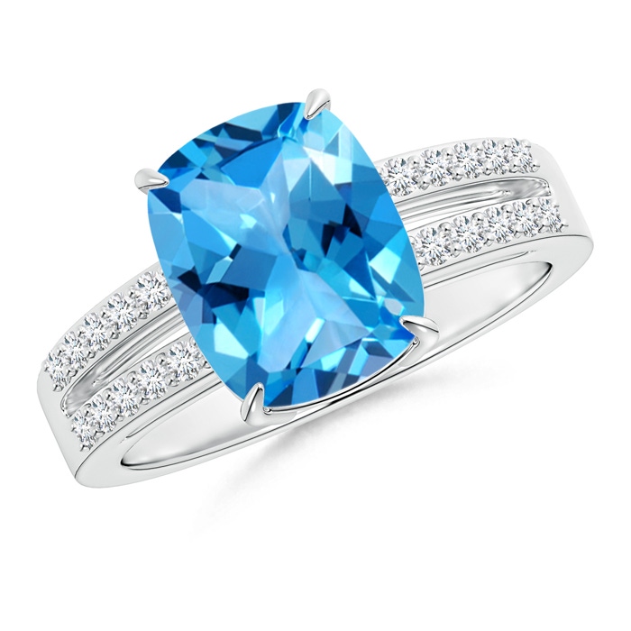 10x8mm AAAA Cushion Swiss Blue Topaz Split Shank Ring with Diamonds in White Gold 