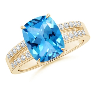 10x8mm AAAA Cushion Swiss Blue Topaz Split Shank Ring with Diamonds in Yellow Gold