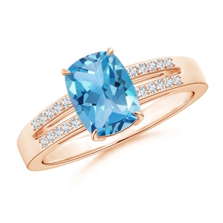 8x6mm AA Cushion Swiss Blue Topaz Split Shank Ring with Diamonds in 10K Rose Gold