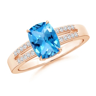 8x6mm AAAA Cushion Swiss Blue Topaz Split Shank Ring with Diamonds in Rose Gold
