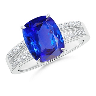 10x8mm AAA Cushion Tanzanite Split Shank Ring with Diamond Accents in White Gold