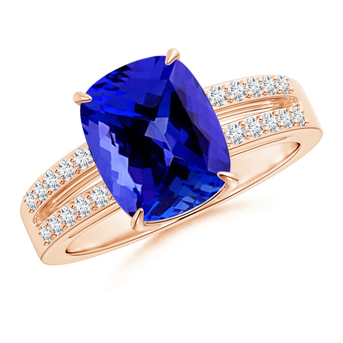 10x8mm AAAA Cushion Tanzanite Split Shank Ring with Diamond Accents in Rose Gold