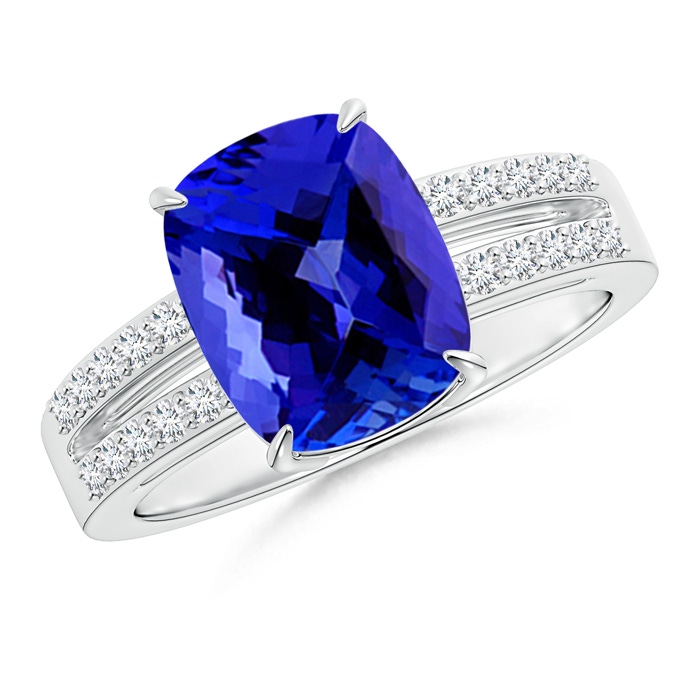 10x8mm AAAA Cushion Tanzanite Split Shank Ring with Diamond Accents in White Gold
