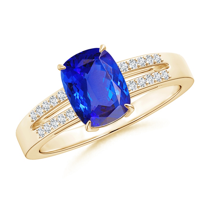 8x6mm AAA Cushion Tanzanite Split Shank Ring with Diamond Accents in Yellow Gold