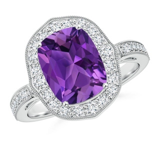 10x8mm AAAA Cushion Amethyst Halo Ring in White Gold