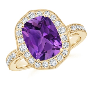 10x8mm AAAA Cushion Amethyst Halo Ring in Yellow Gold