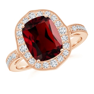 10x8mm AAAA Cushion Garnet Halo Ring in Rose Gold