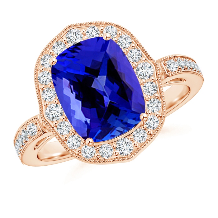 10x8mm AAAA Cushion Tanzanite Halo Ring in Rose Gold