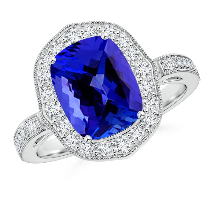 10x8mm AAAA Cushion Tanzanite Halo Ring in White Gold