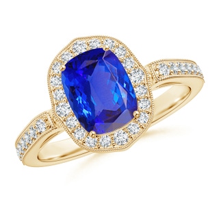 8x6mm AAA Cushion Tanzanite Halo Ring in Yellow Gold