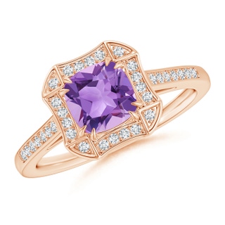 6mm A Art Deco Cushion Cut Amethyst Ring with Diamond Accents in 9K Rose Gold