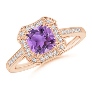 6mm AA Art Deco Cushion Cut Amethyst Ring with Diamond Accents in 9K Rose Gold