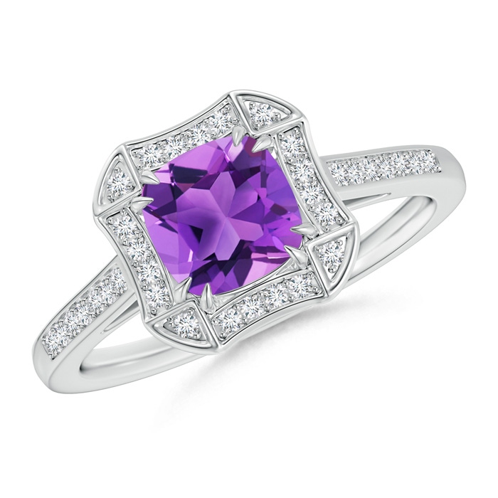 6mm AAA Art Deco Cushion Cut Amethyst Ring with Diamond Accents in 9K White Gold