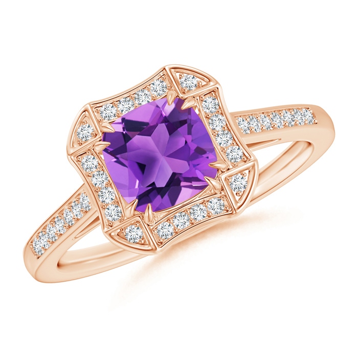 6mm AAA Art Deco Cushion Cut Amethyst Ring with Diamond Accents in Rose Gold 
