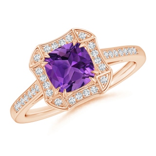 6mm AAAA Art Deco Cushion Cut Amethyst Ring with Diamond Accents in Rose Gold
