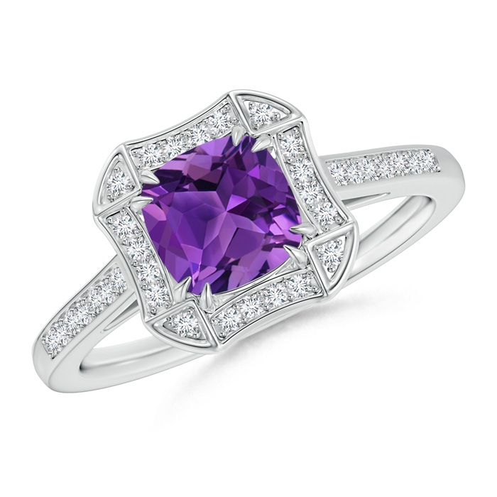 6mm AAAA Art Deco Cushion Cut Amethyst Ring with Diamond Accents in White Gold 