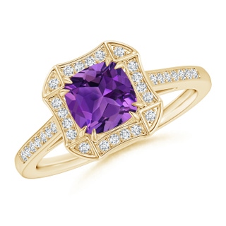 6mm AAAA Art Deco Cushion Cut Amethyst Ring with Diamond Accents in Yellow Gold