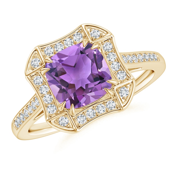 7mm AA Art Deco Cushion Cut Amethyst Ring with Diamond Accents in Yellow Gold 