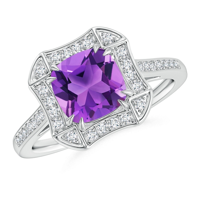 7mm AAA Art Deco Cushion Cut Amethyst Ring with Diamond Accents in White Gold