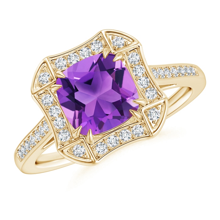 7mm AAA Art Deco Cushion Cut Amethyst Ring with Diamond Accents in Yellow Gold 