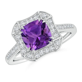 7mm AAAA Art Deco Cushion Cut Amethyst Ring with Diamond Accents in P950 Platinum