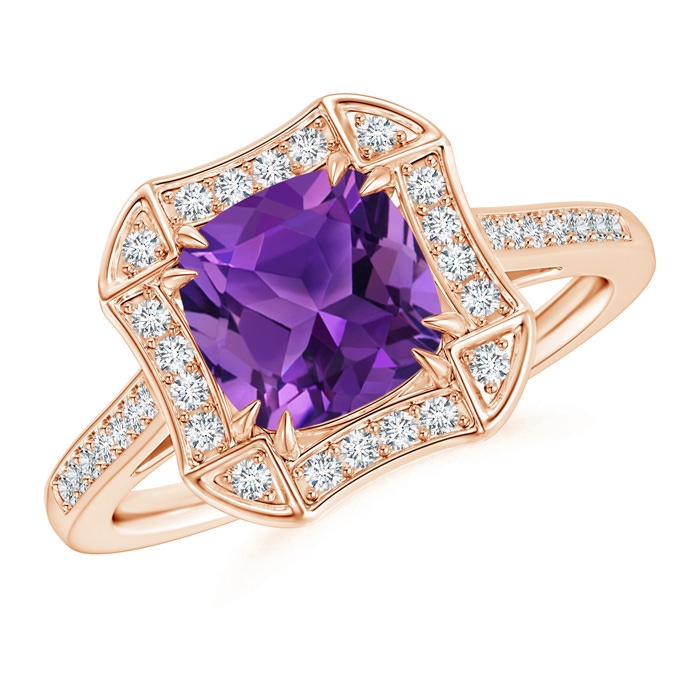 7mm AAAA Art Deco Cushion Cut Amethyst Ring with Diamond Accents in Rose Gold 