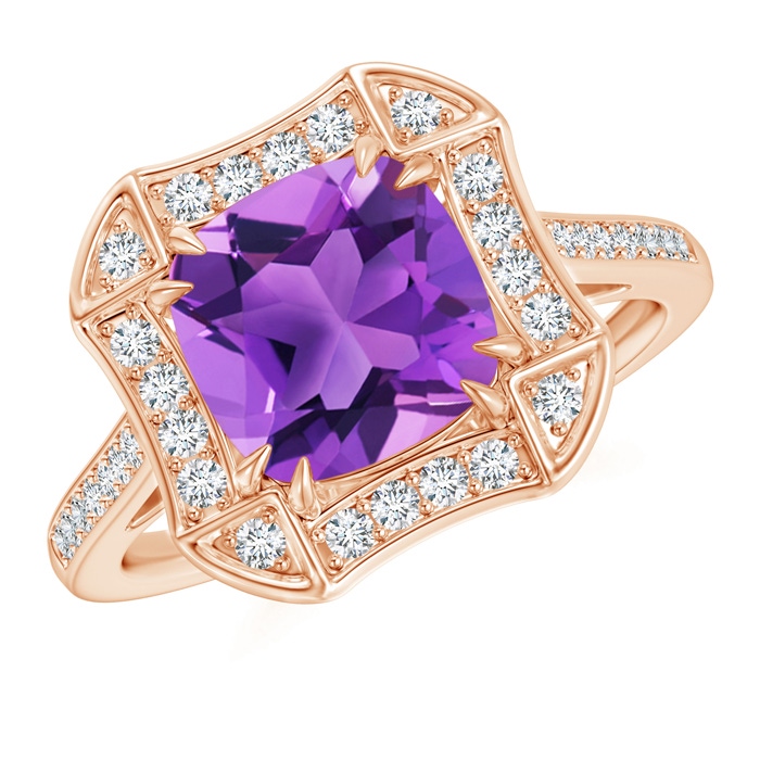 8mm AAA Art Deco Cushion Cut Amethyst Ring with Diamond Accents in Rose Gold 