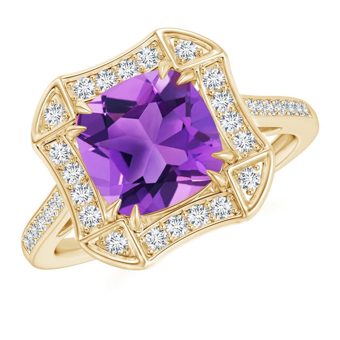 8mm AAA Art Deco Cushion Cut Amethyst Ring with Diamond Accents in Yellow Gold 