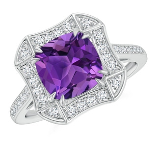 8mm AAAA Art Deco Cushion Cut Amethyst Ring with Diamond Accents in P950 Platinum