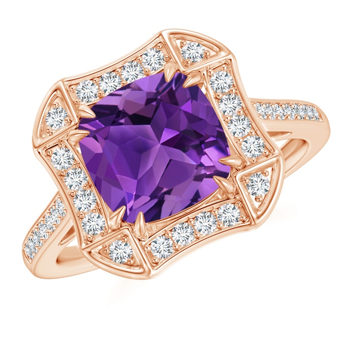 8mm AAAA Art Deco Cushion Cut Amethyst Ring with Diamond Accents in Rose Gold 