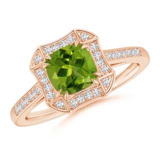 6mm AAAA Art Deco Cushion Cut Peridot Ring with Diamond Accents in Rose Gold