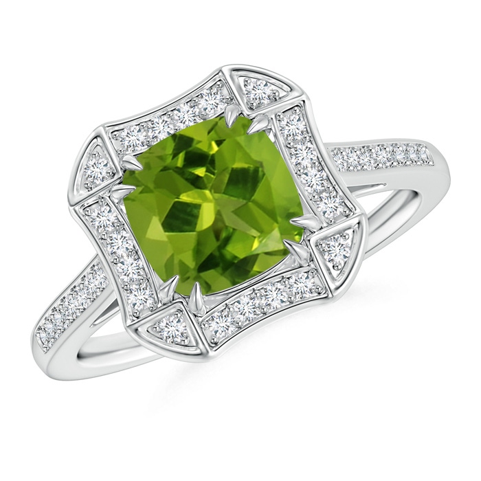 7mm AAAA Art Deco Cushion Cut Peridot Ring with Diamond Accents in White Gold