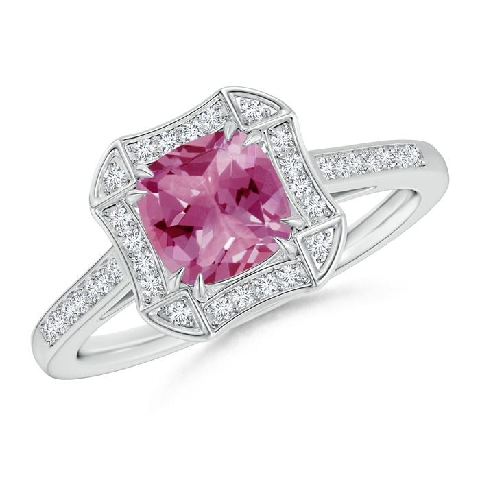 6mm AAA Art Deco Cushion Cut Pink Tourmaline Ring with Diamond Accents in White Gold