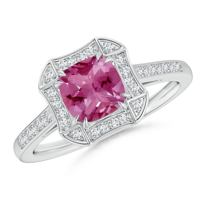 6mm AAAA Art Deco Cushion Cut Pink Tourmaline Ring with Diamond Accents in P950 Platinum