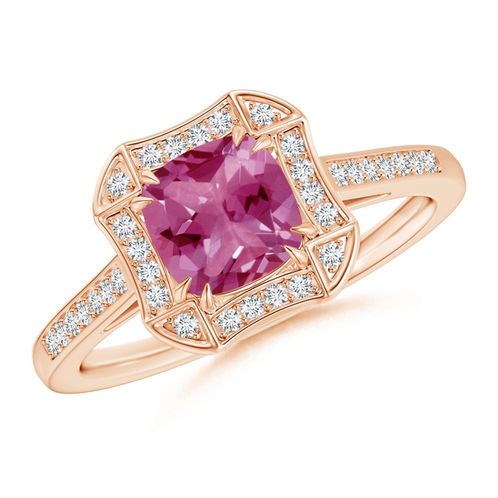 6mm AAAA Art Deco Cushion Cut Pink Tourmaline Ring with Diamond Accents in Rose Gold