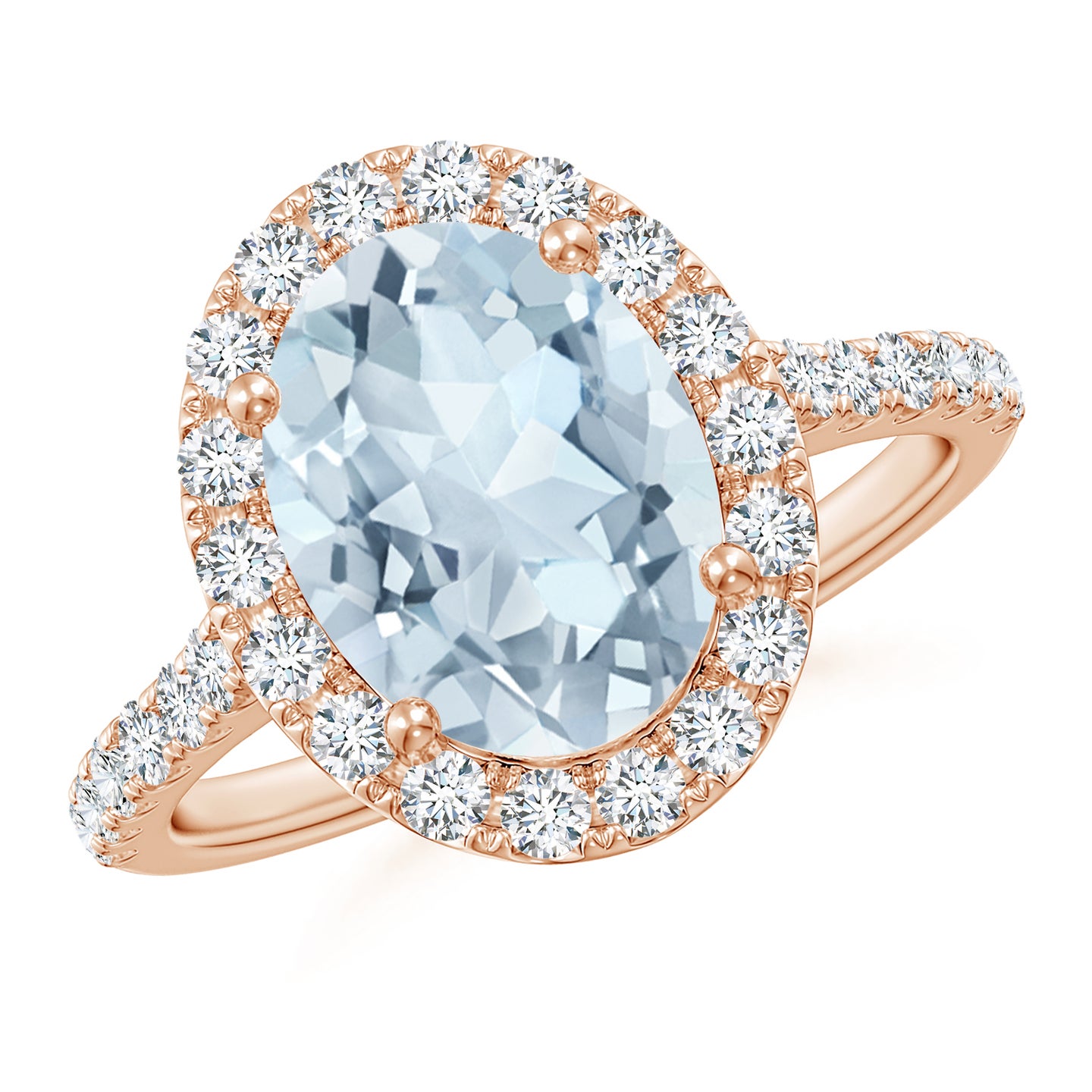 Double Claw-Set Oval Aquamarine Halo Ring with Diamonds