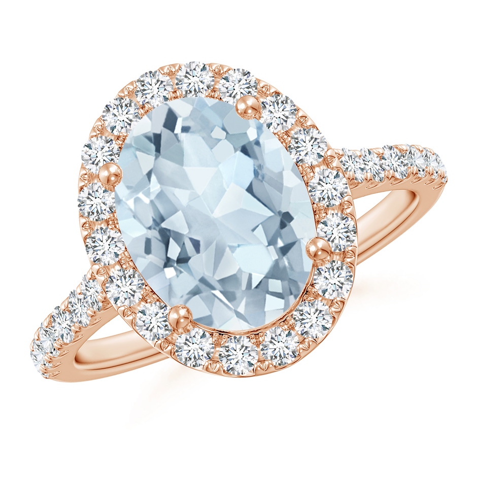 10x8mm A Double Claw-Set Oval Aquamarine Halo Ring with Diamonds in Rose Gold 