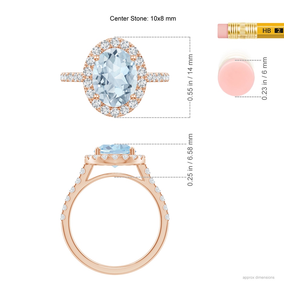 10x8mm A Double Claw-Set Oval Aquamarine Halo Ring with Diamonds in Rose Gold ruler