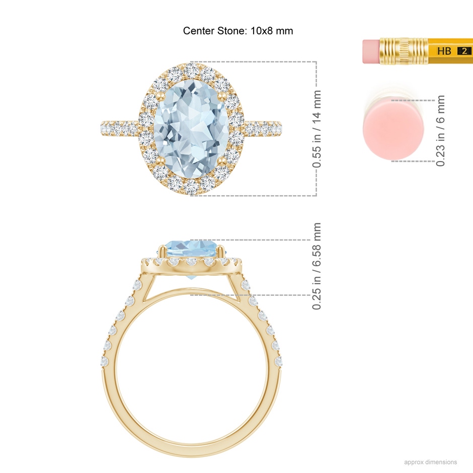10x8mm A Double Claw-Set Oval Aquamarine Halo Ring with Diamonds in Yellow Gold ruler