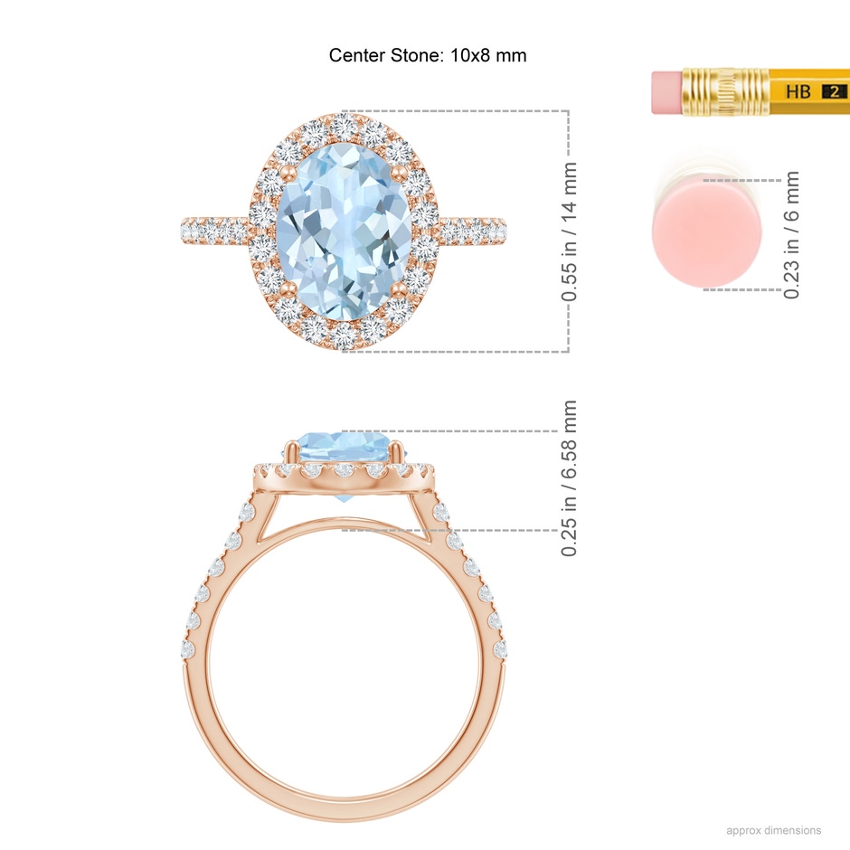 10x8mm AA Double Claw-Set Oval Aquamarine Halo Ring with Diamonds in Rose Gold ruler