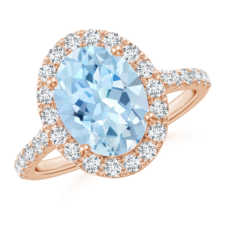 10x8mm AAA Double Claw-Set Oval Aquamarine Halo Ring with Diamonds in Rose Gold 