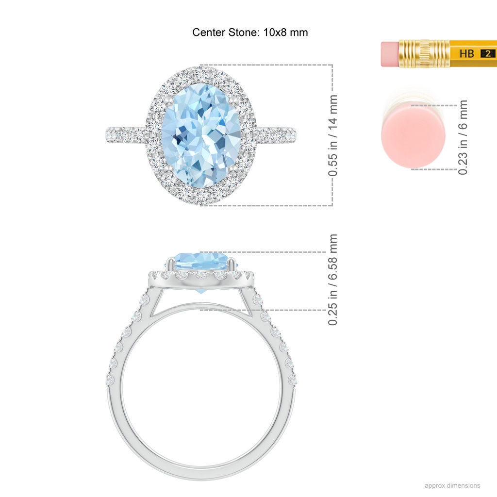 10x8mm AAA Double Claw-Set Oval Aquamarine Halo Ring with Diamonds in White Gold Ruler