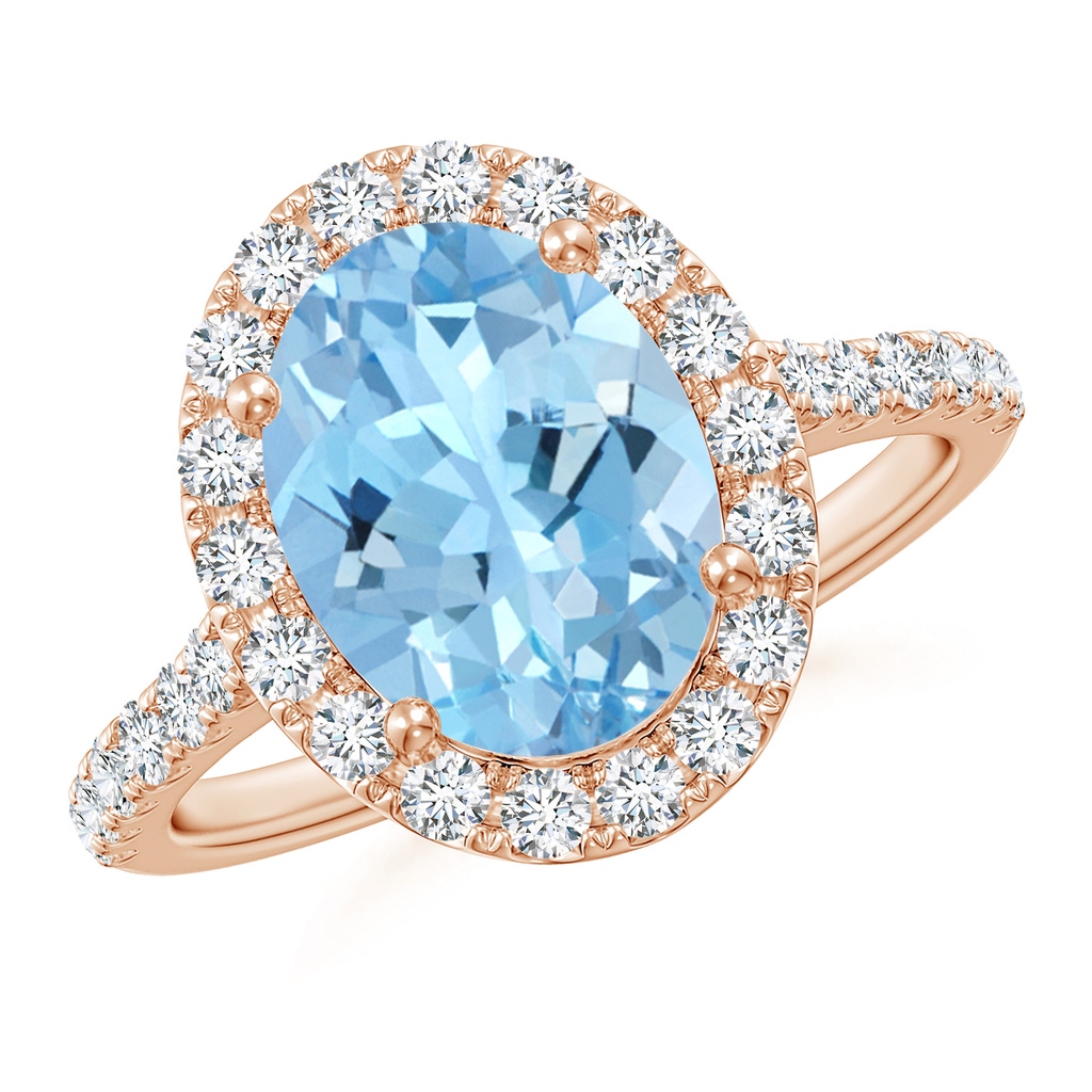 10x8mm AAAA Double Claw-Set Oval Aquamarine Halo Ring with Diamonds in Rose Gold